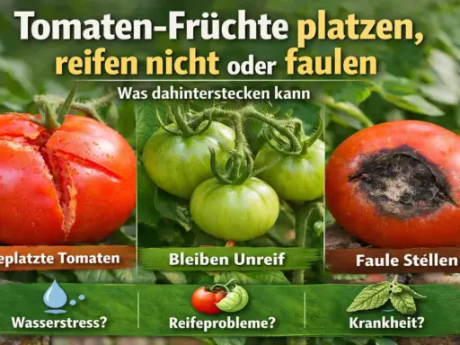 Aufgeplatzte, unreife oder faule Tomaten. Ursachen können Wasserstress, Reifeprobleme oder Krankheit sein.