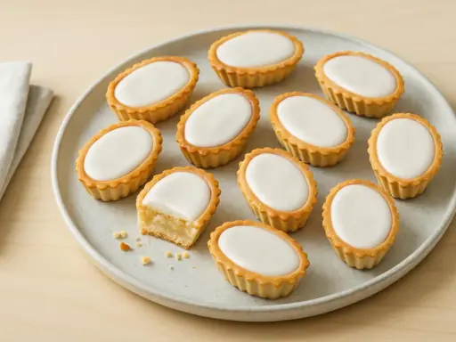 En tallrik med mazariner, en är uppskuren och visar mandelmassan. Perfekt för ett mazariner recept.