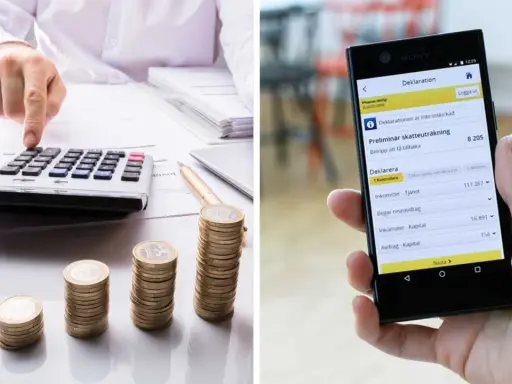 Person räknar på miniräknare med myntstaplar. En mobil visar en preliminär skatteuträkning, en del av vinst skatt.