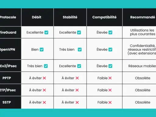 Tableau comparatif des protocoles VPN : WireGuard, OpenVPN, IKEv2/IPsec, PPTP, L2TP/IPsec, SSTP. Le vpn protocole WireGuard est recommandé pour les usages courants.