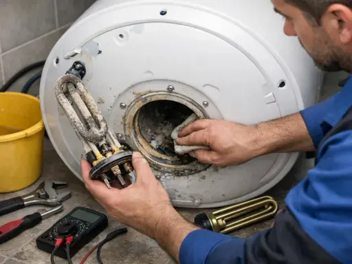 Technik czyści bojler, przygotowując się do wymiany grzałki. Narzędzia i nowa grzałka leżą obok.