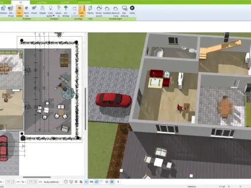 Der 3D-Grundriss eines Atriumhauses zeigt Wohnräume, Terrasse und Garten. Ein rotes Auto parkt vor dem Haus.