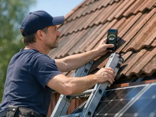 Installatör på taket kontrollerar solpanelernas solvinkel med en app på mobilen.
