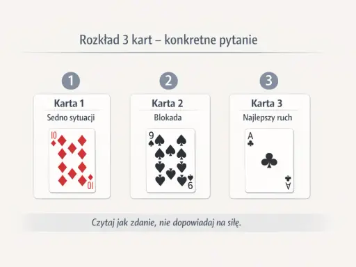 Rozkład 3 kart do wróżenia: sedno sytuacji (10 karo), blokada (9 pik) i najlepszy ruch (As trefl).