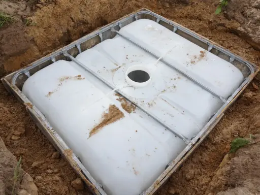Biały pojemnik do zakopania w ziemi, częściowo otoczony metalową ramą i drewnianymi belkami, czeka na zasypanie.