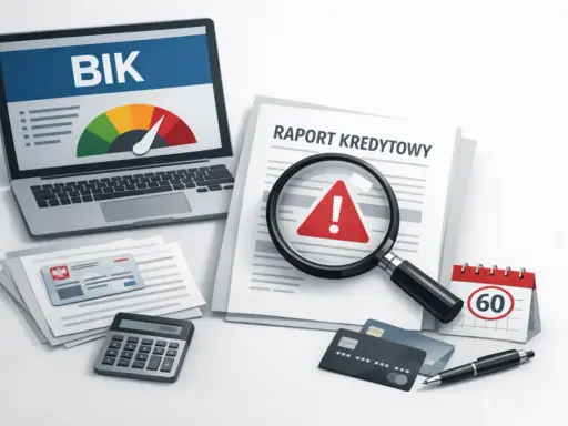 Raport kredytowy z BIK, lupa z wykrzyknikiem, kalkulator i karty płatnicze. Jak usunąć dane z długi info?