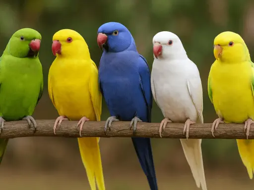 Cinque parrocchetti dal collare dai colori vivaci: verde, giallo, blu, bianco e giallo, siedono su un ramo.