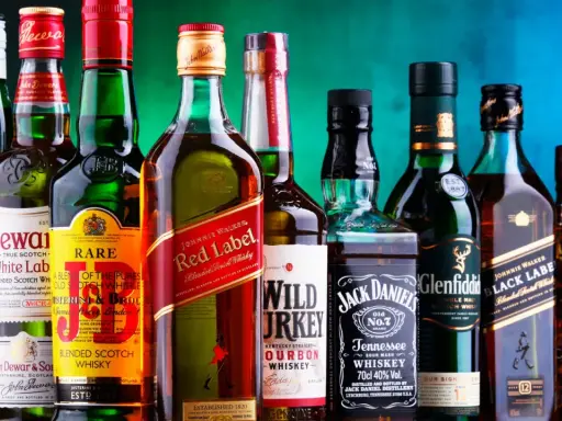Eine Reihe von Whiskyflaschen, darunter Johnnie Walker Red Label, Jack Daniel's und Chivas Regal. Die Frage "wie viel prozent hat whisky" wird durch die 40% Vol. auf der Jack Daniel's Flasche beantwortet.