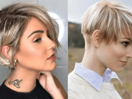 Deux femmes arborent des coupes de cheveux courts stylées, l'une avec un dégradé asymétrique, l'autre avec une pixie blonde.
