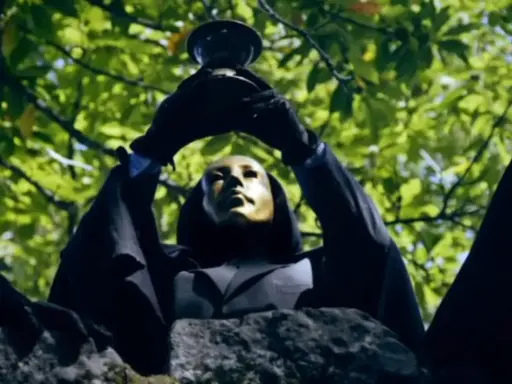 En figur med gyllene mask och svart kappa håller upp en bägare mot lövverket. Kanske är det "svarta solen geografens testamente" som avslöjas.
