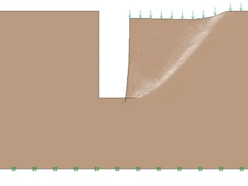 Simulación de estabilidad de talud, mostrando la falla de una zanja bajo carga.