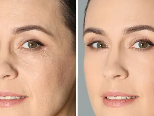 Porównanie twarzy przed i po zastosowaniu retinolu. Widoczne wygładzenie zmarszczek i poprawa tekstury skóry. Retinol efekty przed i po.