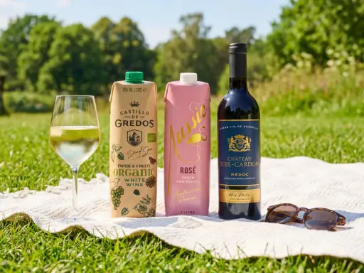 En picknick i solen med vitt vin, rosé i kartong och en flaska rött. Perfekt för en härlig glou glou-stund.