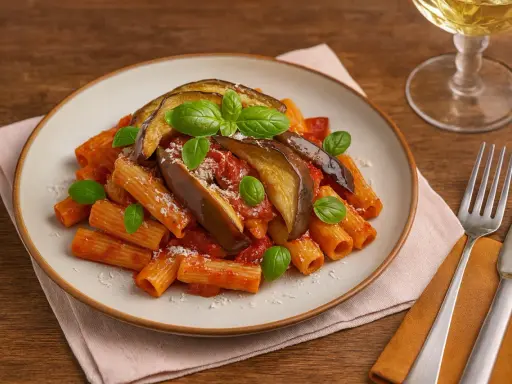 Pasta alla Norma mit Auberginen, Tomatensauce und Basilikum auf einem Teller, garniert mit Parmesan.