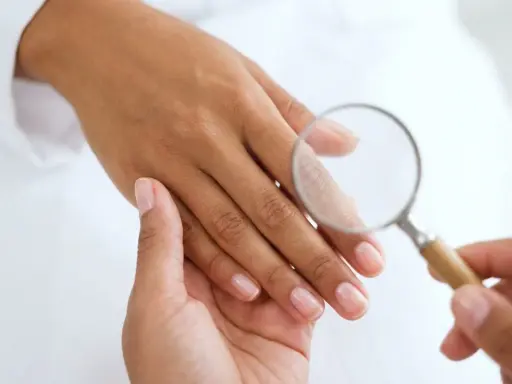 Esame ravvicinato di un'unghia con lente d'ingrandimento, per escludere infezioni come la pseudomonas unghia.
