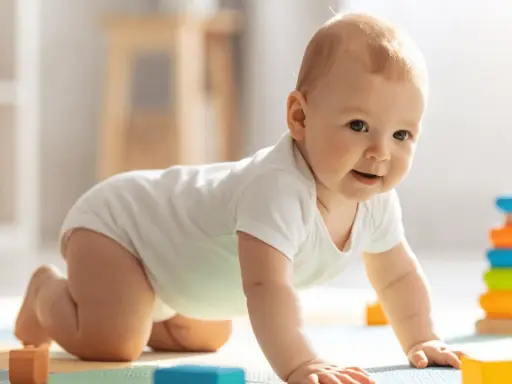 Bebé de 3 meses gateando, rodeado de bloques de colores y un apilador de aros, ideal para estimular su desarrollo.