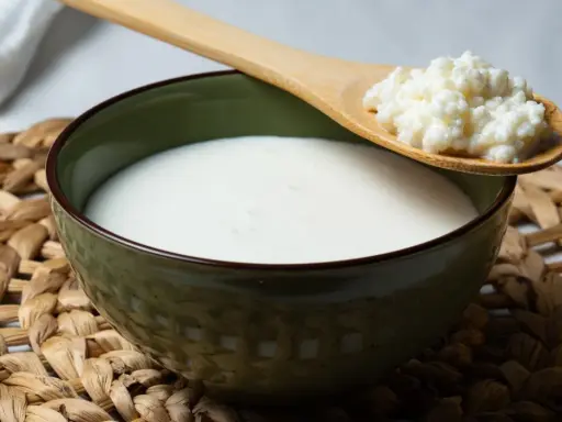 Un bol de kéfir, un probiotique naturel pour soulager le ballonnement, avec une cuillère en bois contenant des grains de kéfir.