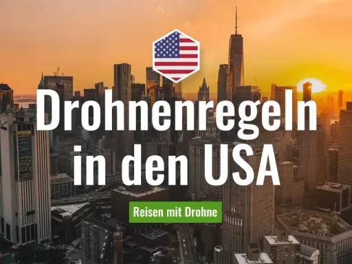 Drohnenregeln in den USA: Ein Hexagon mit US-Flagge über einer Skyline bei Sonnenuntergang. Reisen mit Drohne.