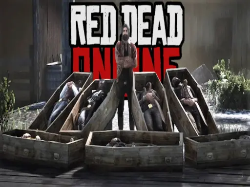 Mroczny mężczyzna stoi nad kilkoma trumnami. To scena z gry Red Dead Redemption 2, która może być częścią poradnika.