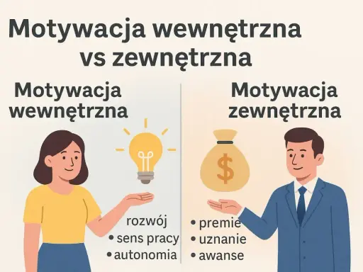 Ilustracja porównuje motywację wewnętrzną (rozwój, sens pracy, autonomia) z zewnętrzną (premie, uznanie, awanse), pokazując różne sposoby motywowania pracowników.