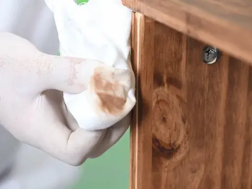 Guante de látex retirando barniz de un mueble de madera. Proceso para decapar un mueble lacado.