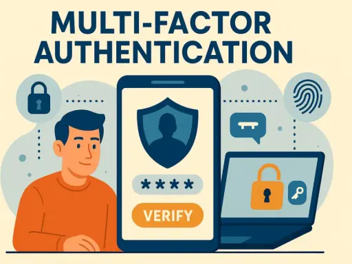 Illustration sur la sécurité numérique : un homme, un smartphone affichant un code et un ordinateur portable avec un cadenas symbolisent l'authentification multi-facteurs.