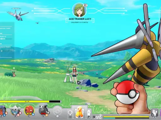Gracz w gry pokemon przygotowuje się do bitwy z Trenerką Lucy. W ręku trzyma Poké Balla, a na ekranie widnieją cele misji.