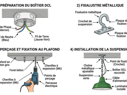 Étapes pour installer un luminaire au plafond : préparation du boîtier DCL, fixation métallique, perçage et installation de la suspension.