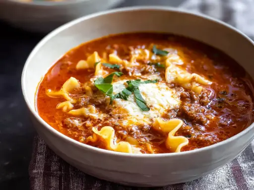 En skål med värmande lasagne soppa med köttfärs, pasta och ost.