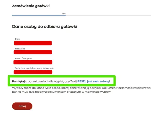 Formularz zamówienia gotówki w mBanku. Wpisz dane odbiorcy, pamiętaj o ograniczeniach dla wypłat, gdy Twój PESEL jest zastrzeżony!
