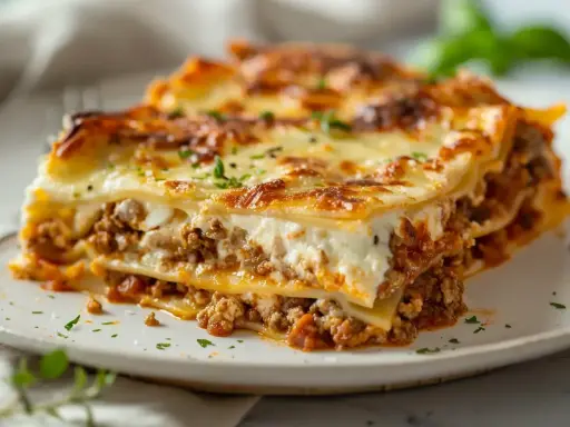 En bit krämig lasagne med köttfärs och bechamelsås, toppad med gyllene ost.