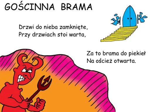 Ilustracja z diabłem i bramą do nieba, kontrastująca z otwartą bramą do piekła.