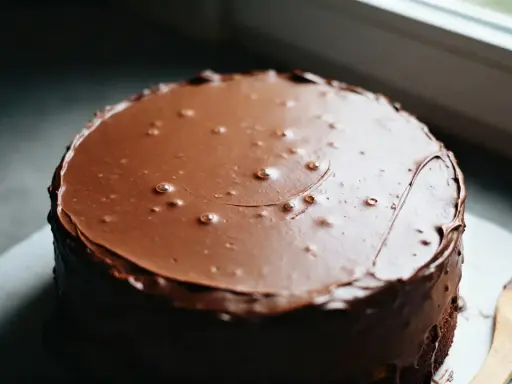 Gâteau rond recouvert d'un glacage chocolat noir brillant, avec quelques bulles d'air.