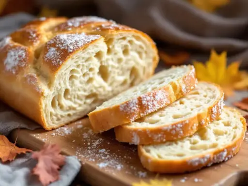 Pain viennois moelleux, saupoudré de sucre glace, coupé en tranches sur une planche en bois, avec des feuilles d'automne en arrière-plan.