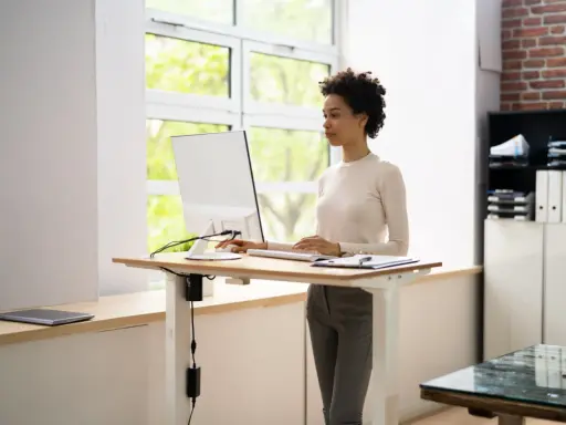 Une femme travaille sur un ordinateur à un bureau réglable en hauteur. La position debout prolongée présente des risques pour la santé, il est donc important de varier les postures.