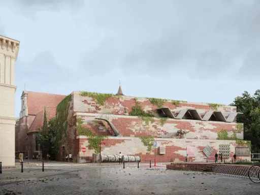 Nowoczesna bryła z cegły, porośnięta zielenią, nawiązuje do historycznych budynków. Jej projekt opiera się na **dry principles** estetyki i funkcjonalności.