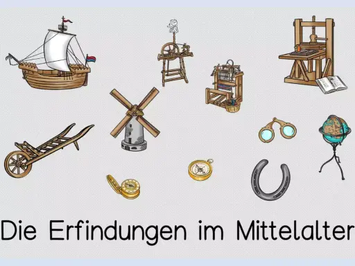 Eine Sammlung von mittelalterlichen Erfindungen: Schiff, Windmühle, Webstuhl, Buchdruckpresse, Kompass, Hufeisen, Globus, Brille und Schubkarre.