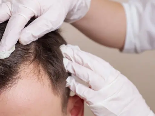 Hände in weißen Handschuhen untersuchen die Kopfhaut eines Mannes, um Haarausfall zu verhindern.