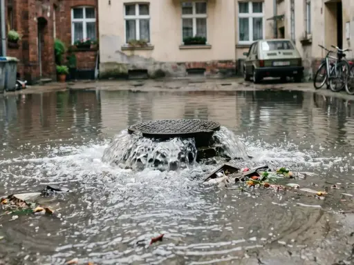 Woda z kanalizacji wydostaje się przez studzienkę, tworząc wodospad. Widać śmieci unoszące się na powierzchni.