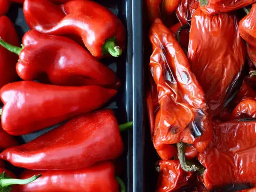 Dos recipientes llenos de pimientos rojos. A la izquierda, pimientos frescos y brillantes. A la derecha, pimientos asados, con la piel arrugada y un tono más oscuro.