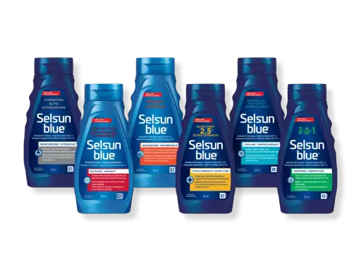 Gamme Selsun Blue avec disulfure de sélénium pour différents besoins capillaires : hydratation, apaisement, nutrition, force extra, et réparation.