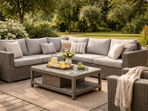 Wypoczynek na tarasie z meblami z technorattanu. Co to jest rattan? To materiał, który imituje naturalny rattan, ale jest trwalszy i odporny na warunki atmosferyczne.