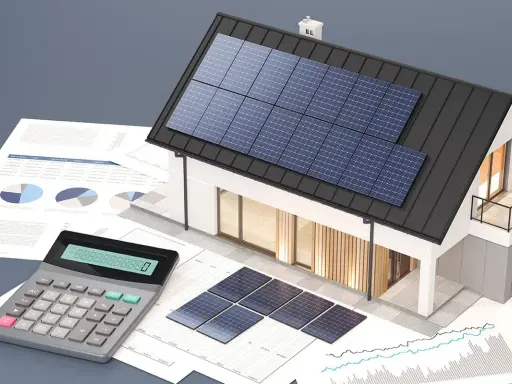 Calculatrice, graphiques et maison avec panneaux solaires, illustrant la rentabilité panneau solaire.