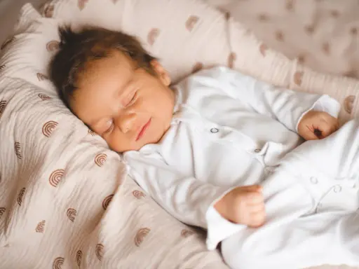 Un neonato dorme sereno, avvolto in una copertina con arcobaleni. Un dolce sogno per questi bambini piccoli.