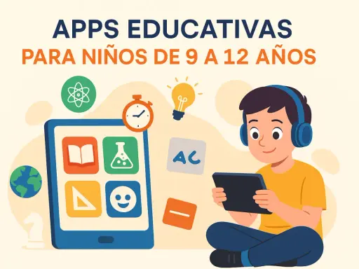 Un niño con auriculares usa una tablet rodeado de iconos que representan aplicaciones educativas para niños.