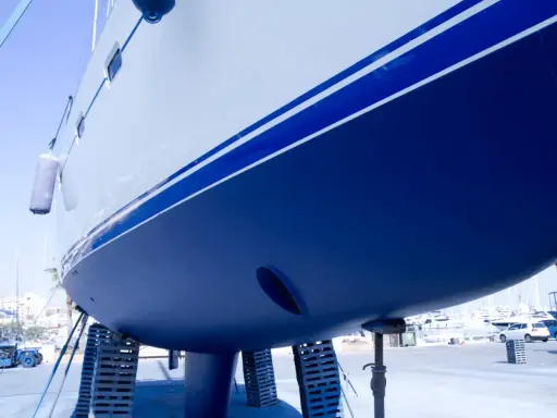 Blaues Schiff im Trockendock, bereit, das Antifouling zu erneuern.