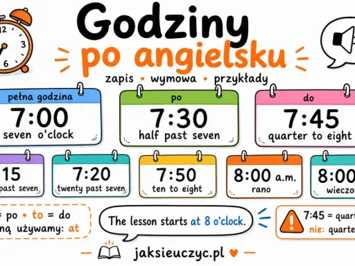 Grafika z budzikiem i kalendarzami pokazującymi godziny po angielsku, np. 7:00 seven o'clock.