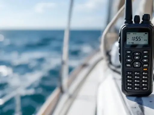 Une radio portee vhf sur un bateau, avec la mer en arrière-plan.