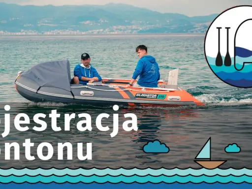 Dwóch mężczyzn płynie pontonem. Dowiedz się o pływanie pontonem przepisy i rejestracja pontonu.