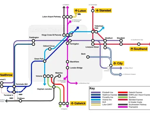 Mapa przedstawia połączenia kolejowe z lotniskami w Londynie: Heathrow, Gatwick, Stansted, Luton i City.